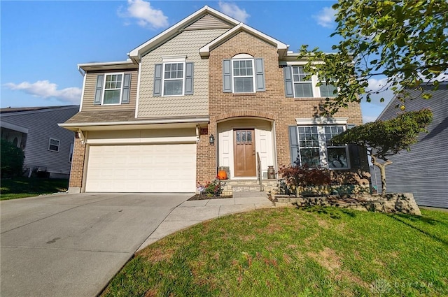 view of front of home with a garage, brick siding, concrete driveway, and a front yard