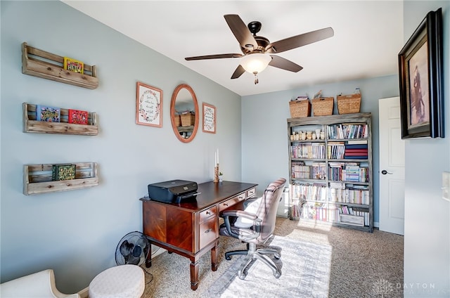 office space featuring carpet floors and ceiling fan