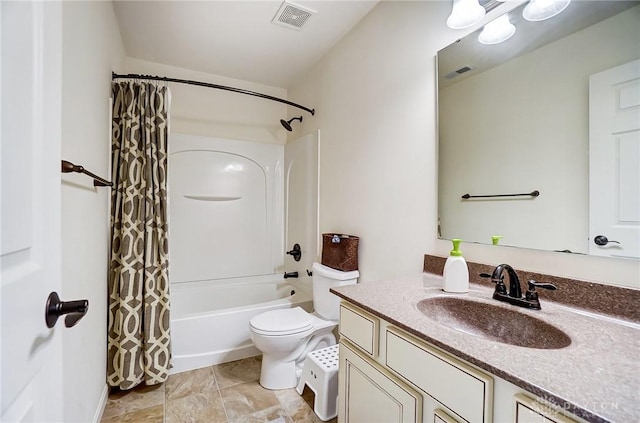 full bathroom with visible vents, shower / tub combo, toilet, and vanity