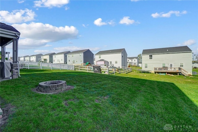 view of yard with a residential view, a fenced backyard, and an outdoor fire pit