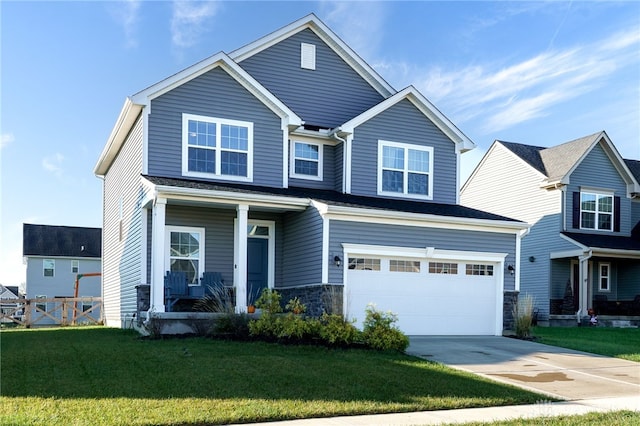 view of front of home with a porch, driveway, an attached garage, and a front yard