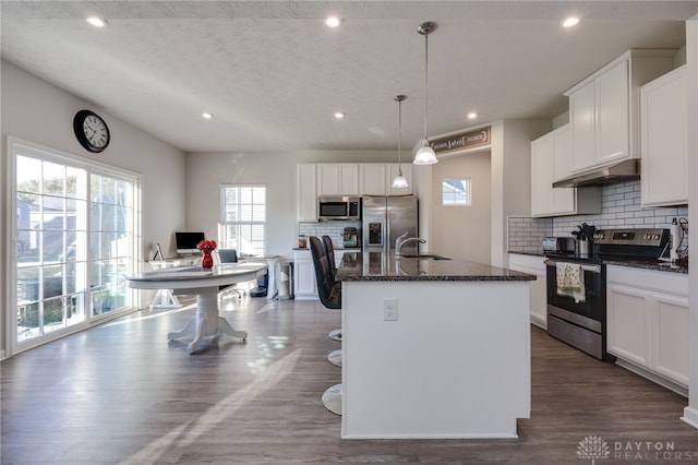 kitchen with hardwood / wood-style floors, a kitchen island with sink, appliances with stainless steel finishes, decorative light fixtures, and white cabinetry