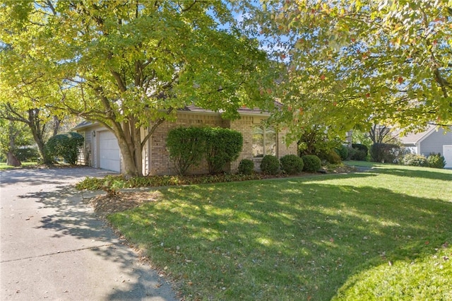 view of property hidden behind natural elements with a front lawn and a garage