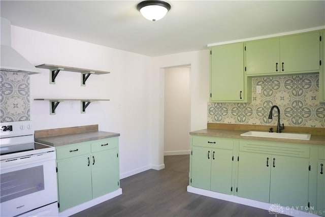 kitchen featuring white electric stove, custom range hood, dark wood-type flooring, sink, and tasteful backsplash