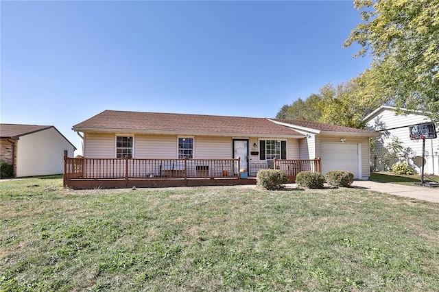 ranch-style house with a front yard and a garage