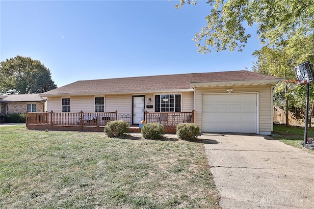 ranch-style home with a garage and a front yard