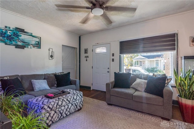 living area with a textured ceiling, ceiling fan, wood finished floors, and crown molding