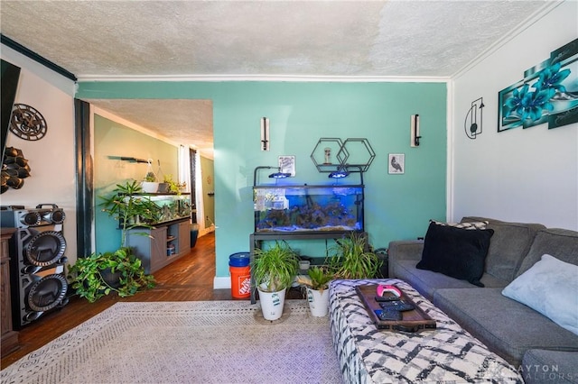 living area featuring ornamental molding, a textured ceiling, and wood finished floors