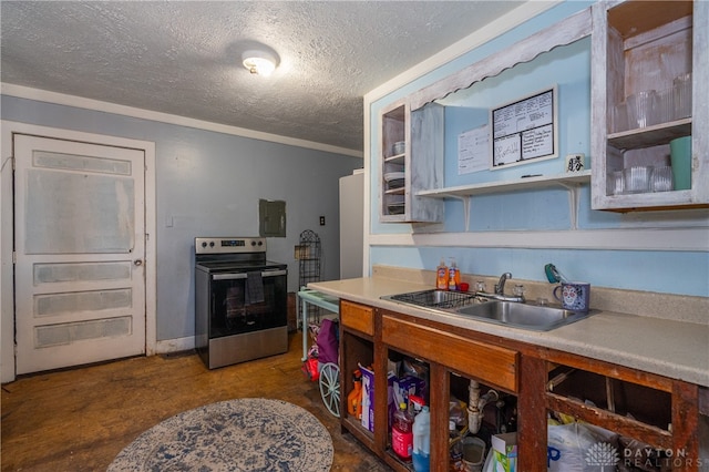 kitchen featuring a textured ceiling, stainless steel electric range oven, and sink