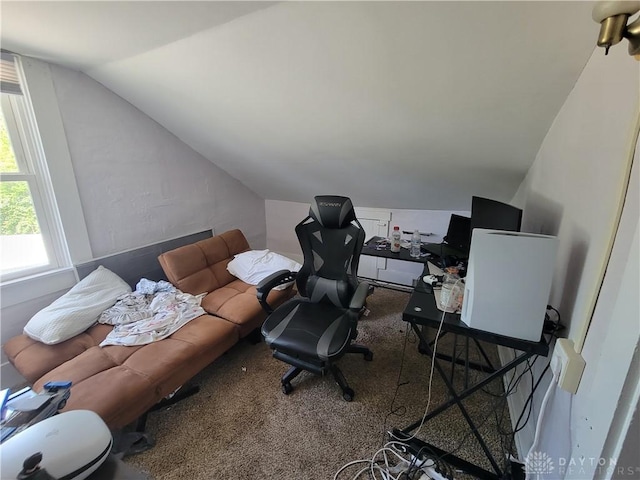 carpeted office space with vaulted ceiling