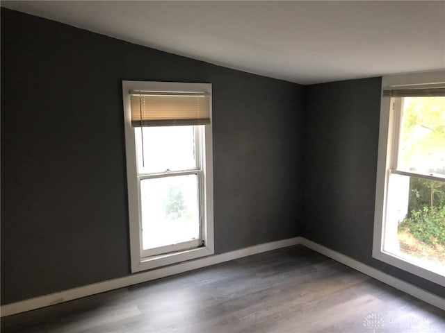 unfurnished room with baseboards, wood finished floors, and a healthy amount of sunlight