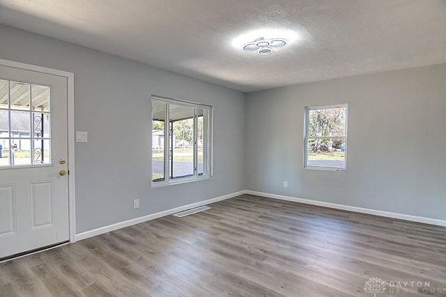 entryway featuring hardwood / wood-style floors and a textured ceiling