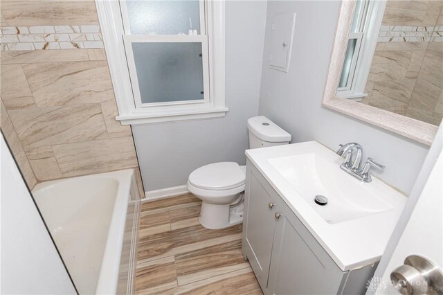 bathroom with vanity, hardwood / wood-style flooring, toilet, and a washtub