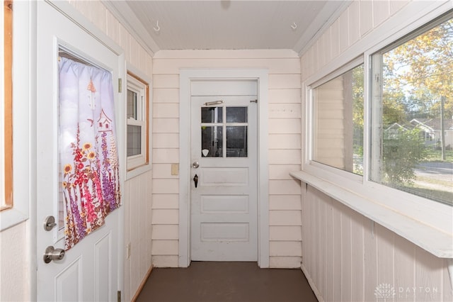 doorway to outside featuring wooden walls and a healthy amount of sunlight