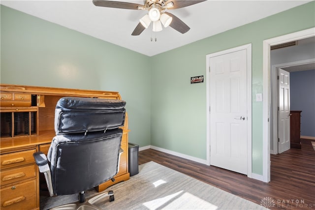 home office with ceiling fan and dark hardwood / wood-style flooring