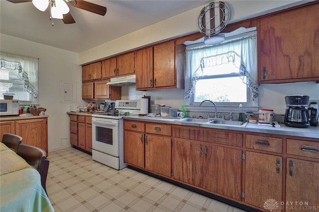 kitchen featuring ceiling fan, sink, and white appliances