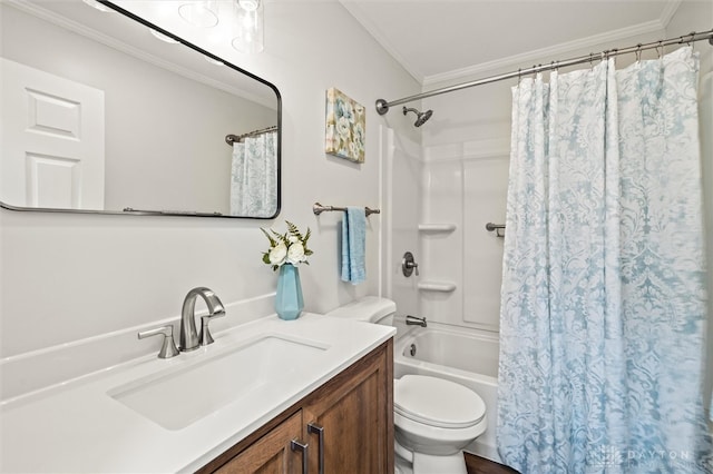 full bathroom with vanity, toilet, crown molding, and shower / bathtub combination with curtain