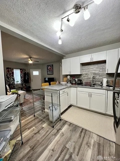 kitchen featuring white cabinetry, tasteful backsplash, sink, and light wood-type flooring