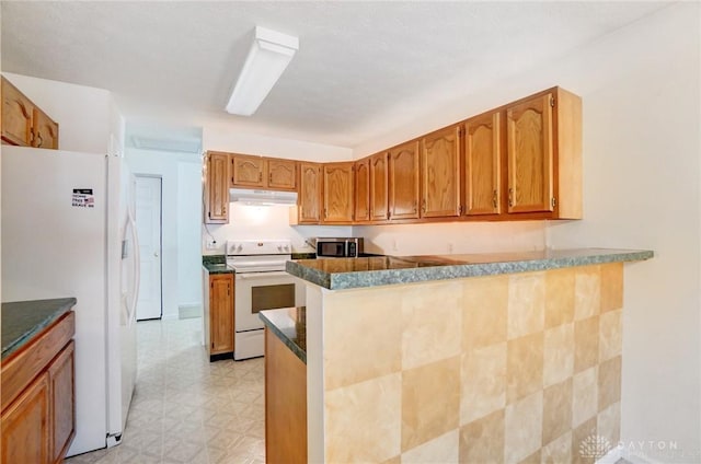 kitchen with kitchen peninsula, white appliances, and dark stone counters