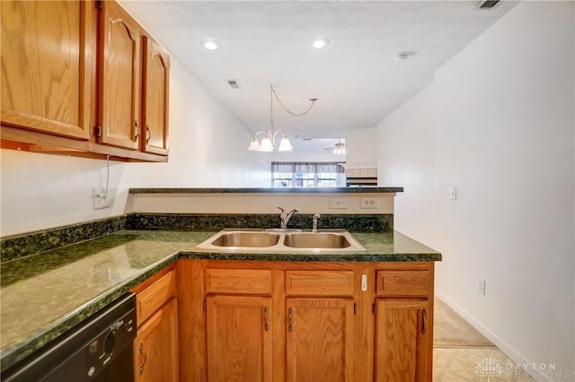 kitchen with black dishwasher, sink, and a chandelier