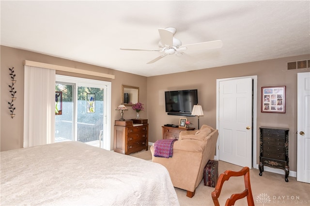 carpeted bedroom with access to outside and ceiling fan