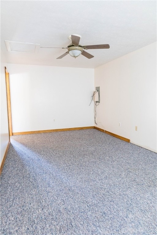 unfurnished room with ceiling fan and carpet flooring