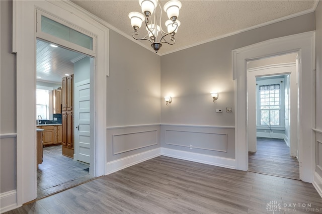 spare room featuring crown molding, a decorative wall, a textured ceiling, wood finished floors, and a chandelier