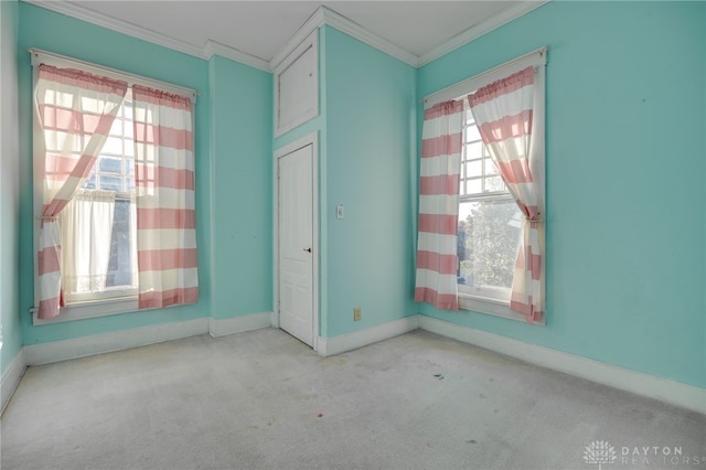 unfurnished bedroom with crown molding, baseboards, and carpet flooring