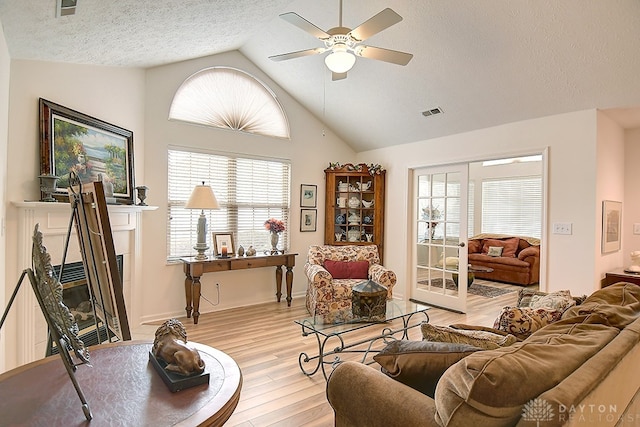 living room featuring light hardwood / wood-style floors, a healthy amount of sunlight, vaulted ceiling, and ceiling fan