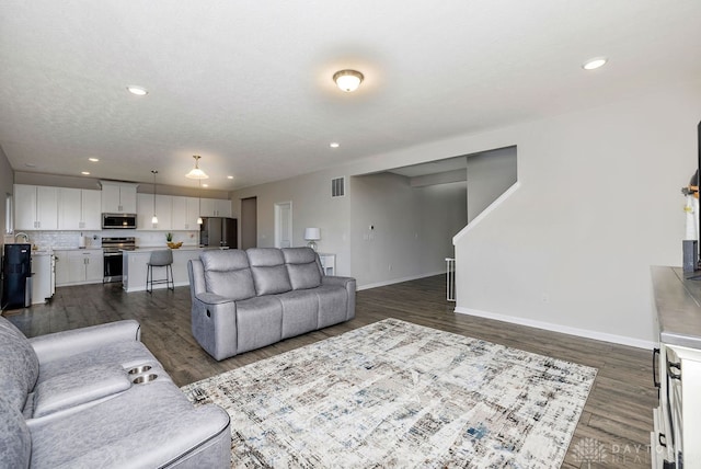 living room with sink, a textured ceiling, and dark hardwood / wood-style flooring