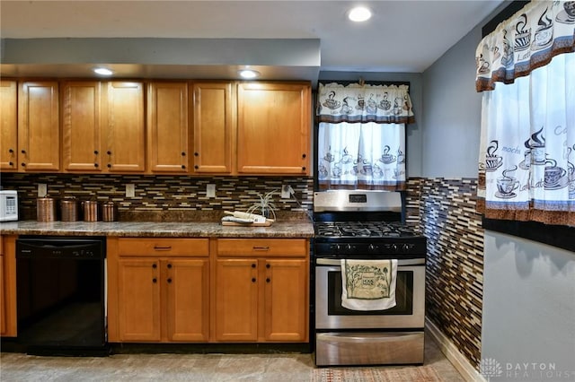 kitchen with tasteful backsplash, black dishwasher, and gas stove