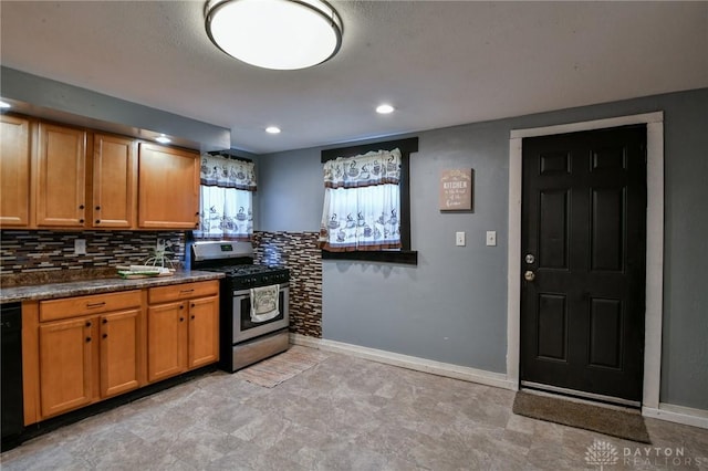 kitchen featuring decorative backsplash, gas stove, and black dishwasher