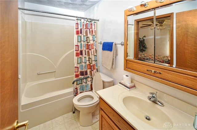 full bathroom featuring vanity, toilet, shower / tub combo, and ceiling fan