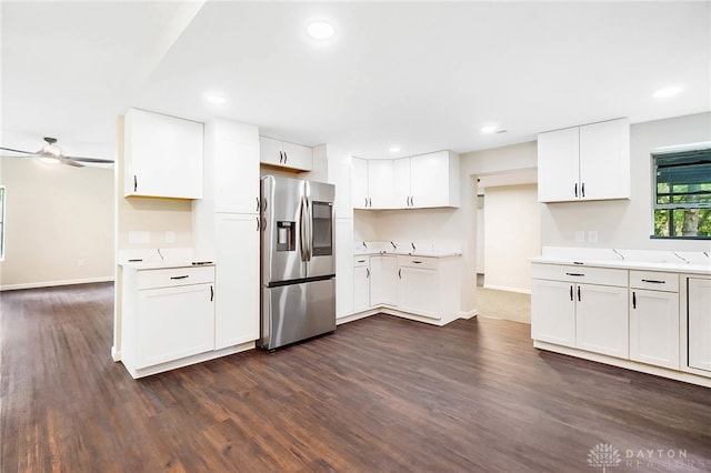 kitchen with white cabinetry, stainless steel refrigerator with ice dispenser, and dark hardwood / wood-style floors