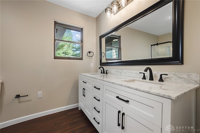 bathroom featuring vanity, a shower, and wood-type flooring