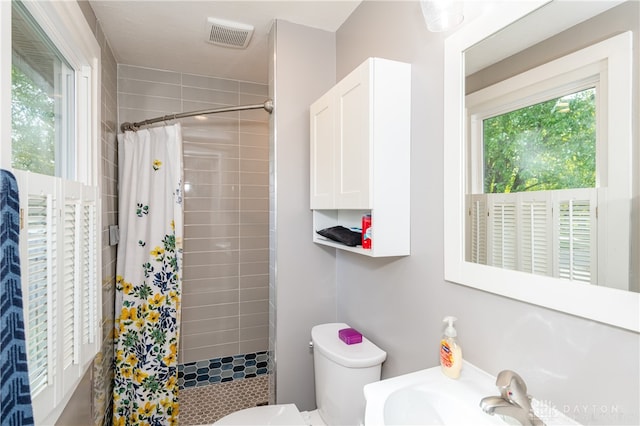 bathroom with sink, a shower with curtain, and toilet