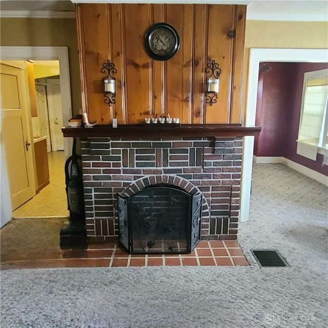 details with carpet flooring, a fireplace, and crown molding