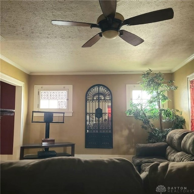 living room with a textured ceiling, ceiling fan, and ornamental molding