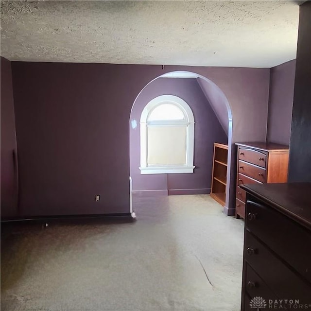 unfurnished room with a textured ceiling, light carpet, and vaulted ceiling