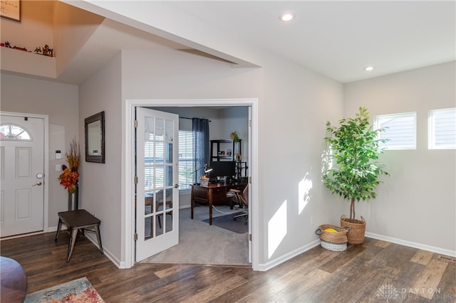 entrance foyer with a healthy amount of sunlight and dark hardwood / wood-style floors