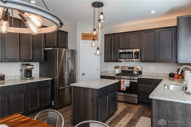 kitchen with a kitchen island, dark wood-type flooring, sink, pendant lighting, and appliances with stainless steel finishes