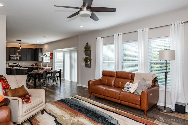 living room featuring ceiling fan with notable chandelier, dark hardwood / wood-style floors, and a healthy amount of sunlight