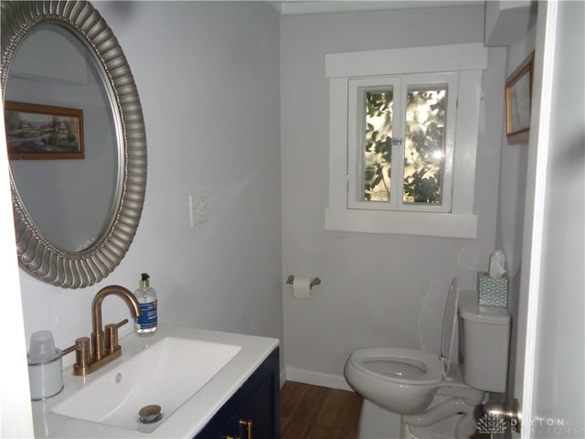 bathroom with hardwood / wood-style floors, vanity, and toilet