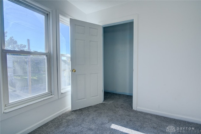 unfurnished bedroom featuring multiple windows, a closet, and carpet flooring