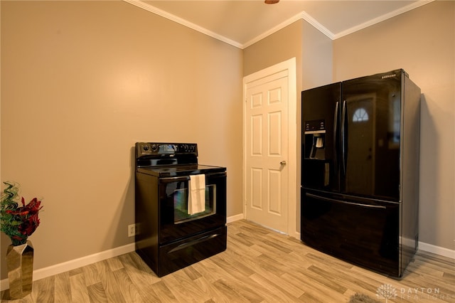 kitchen with crown molding, black appliances, and light wood-type flooring