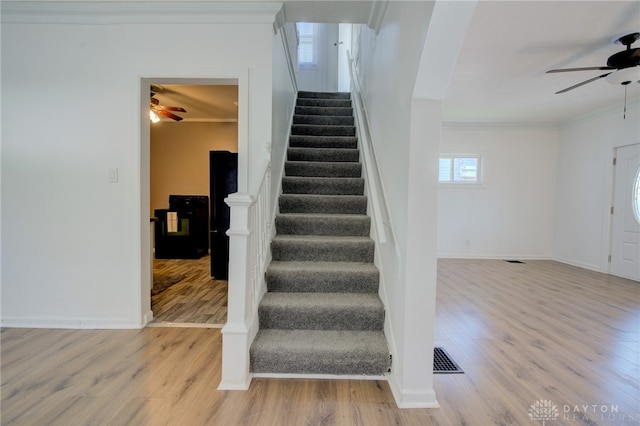 stairs featuring ceiling fan, wood-type flooring, and ornamental molding