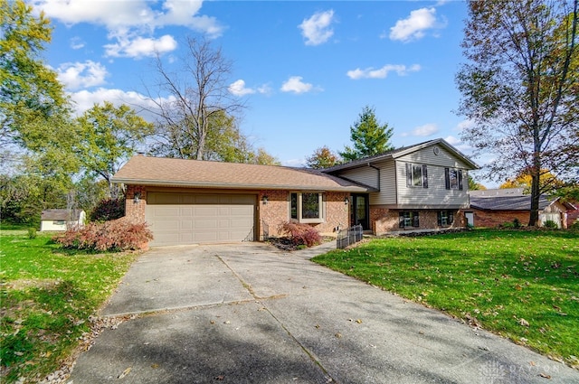 tri-level home with a front yard and a garage