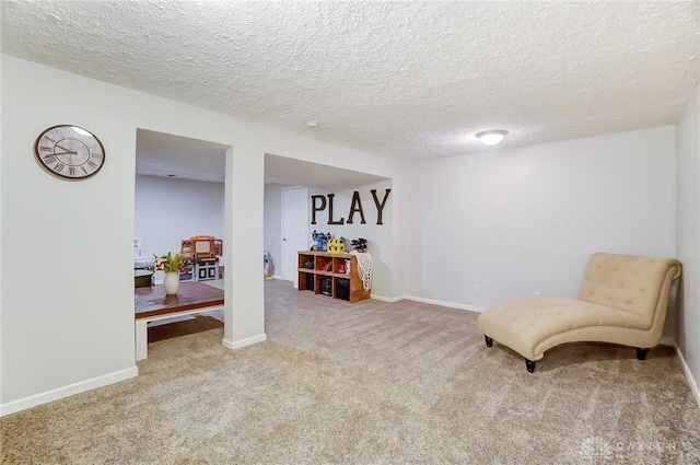 sitting room with carpet and a textured ceiling