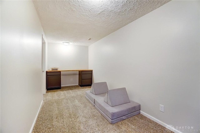 unfurnished room with light carpet and a textured ceiling