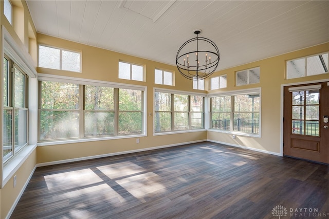 unfurnished sunroom with wooden ceiling and an inviting chandelier